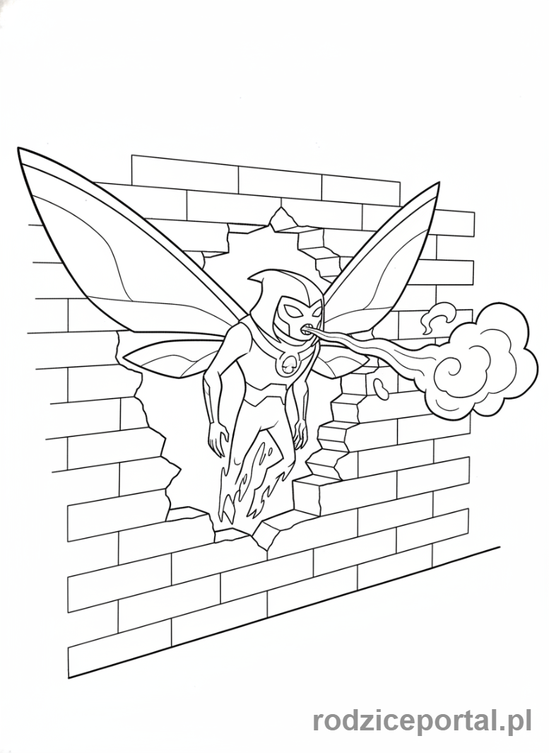 Kolorowanka Ben 10 - Ben jako Big Chill, przenikający przez ścianę, mroźny oddech.