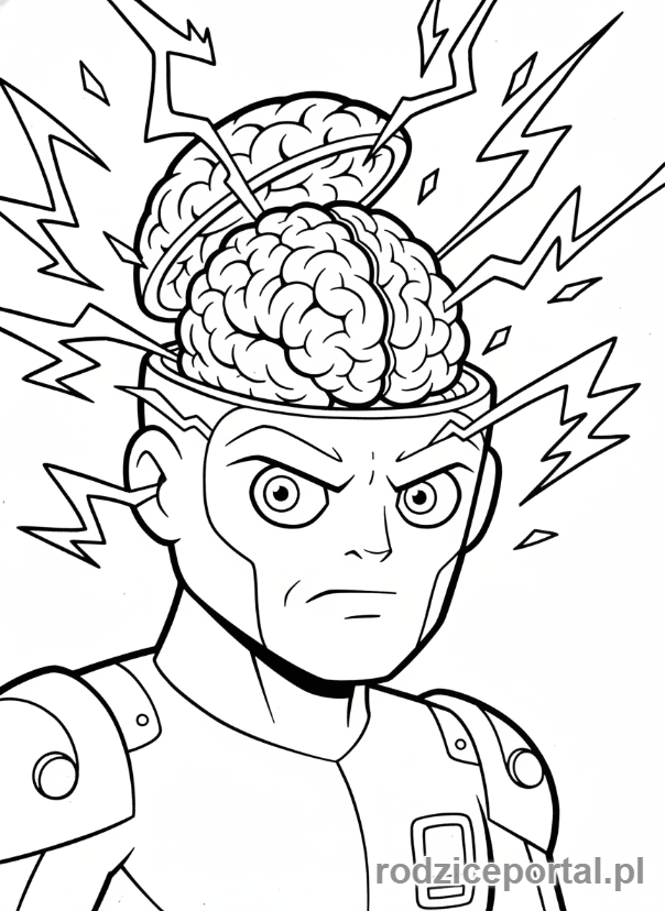 Kolorowanka Ben 10 - Ben jako Brainstorm, z otwartym mózgiem, elektryczność iskrząca.