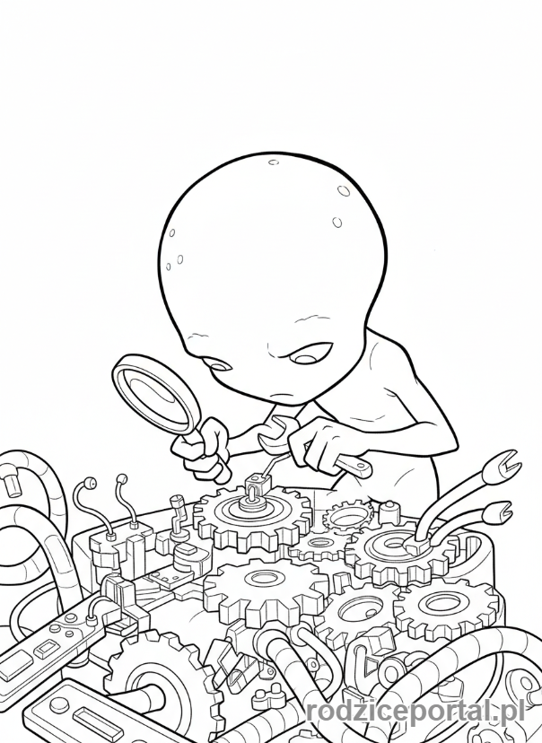 Kolorowanka Ben 10 - Ben jako Grey Matter, naprawiający skomplikowaną maszynę.