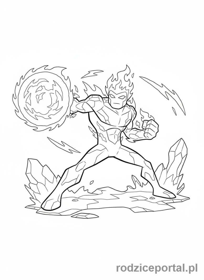 Kolorowanka Ben 10 - Ben jako Heatblast, gotowy do wystrzału ognia.