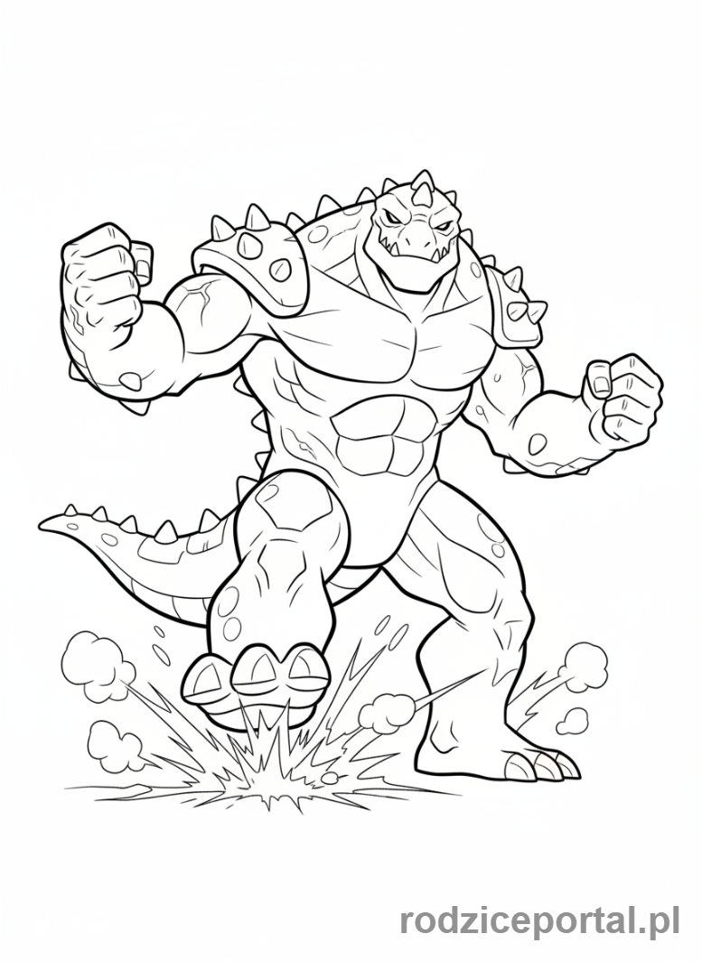 Kolorowanka Ben 10 - Ben jako Humungousaur, potężny dinozaur, tupiący.
