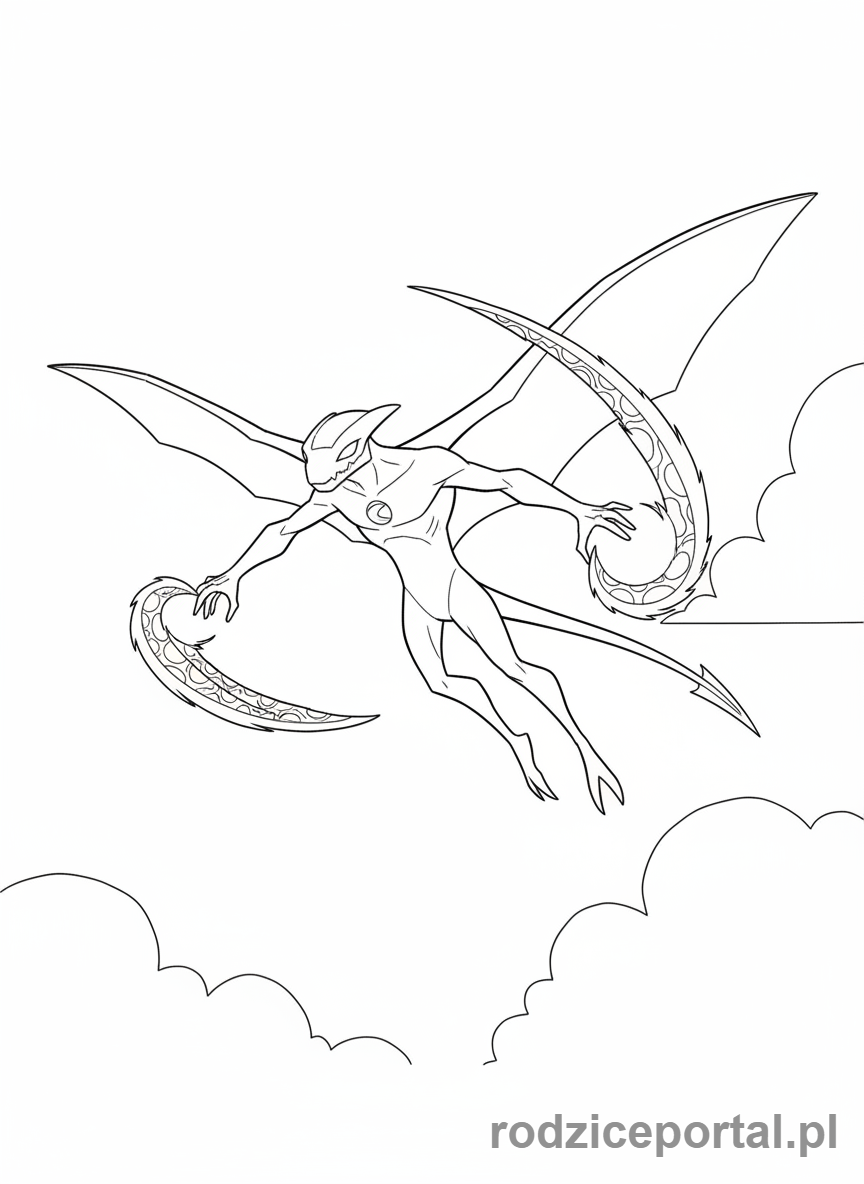 Kolorowanka Ben 10 - Ben jako Jetray, szybujący w przestworzach, z laserami.