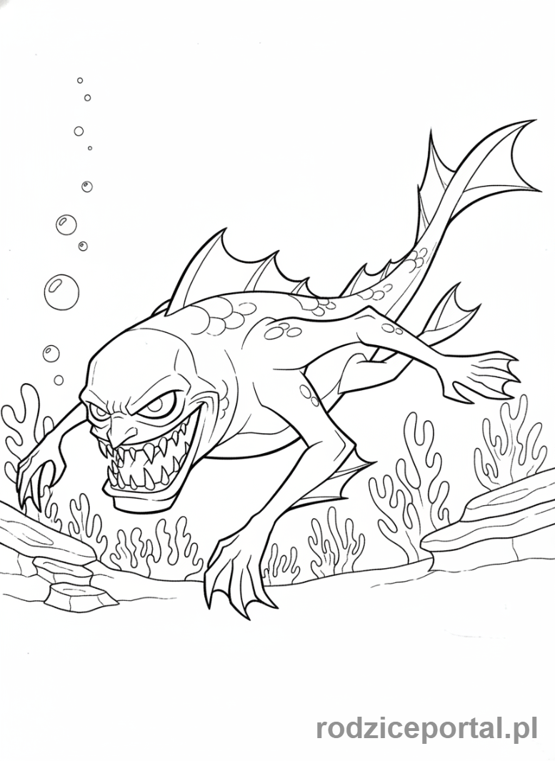 Kolorowanka Ben 10 - Ben jako Ripjaws, pływający pod wodą, z otwartą paszczą.