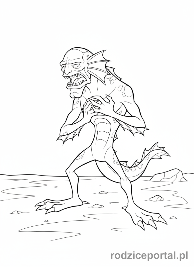 Kolorowanka Ben 10 - Ben jako Ripjaws, stojący na lądzie, oddychający przez skrzela.