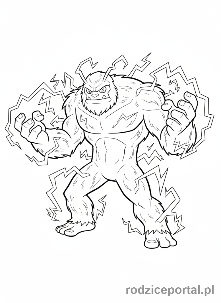 Kolorowanka Ben 10 - Ben jako Shocksquatch, z elektrycznością wokół niego.