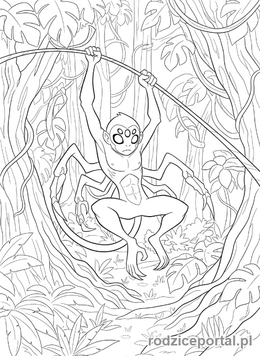Kolorowanka Ben 10 - Ben jako Spidermonkey, huśtający się na pajęczynie w dżungli.