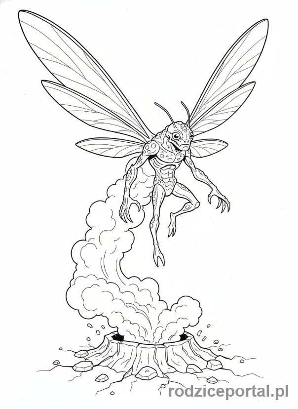 Kolorowanka Ben 10 - Ben jako Stinkfly, wylatujący z krateru, dymiący.