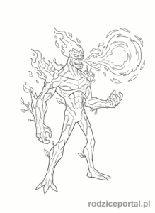 Kolorowanka Ben 10 - Ben jako Swampfire, ziejący ogniem, regenerujący się.