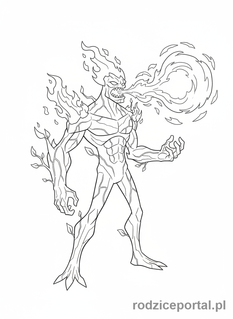 Kolorowanka Ben 10 - Ben jako Swampfire, ziejący ogniem, regenerujący się.