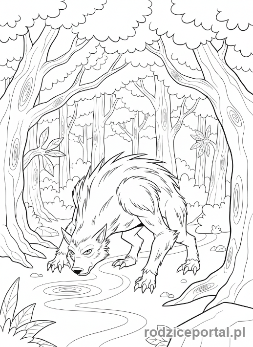 Kolorowanka Ben 10 - Ben jako Wildmutt, węszący za tropem w lesie.