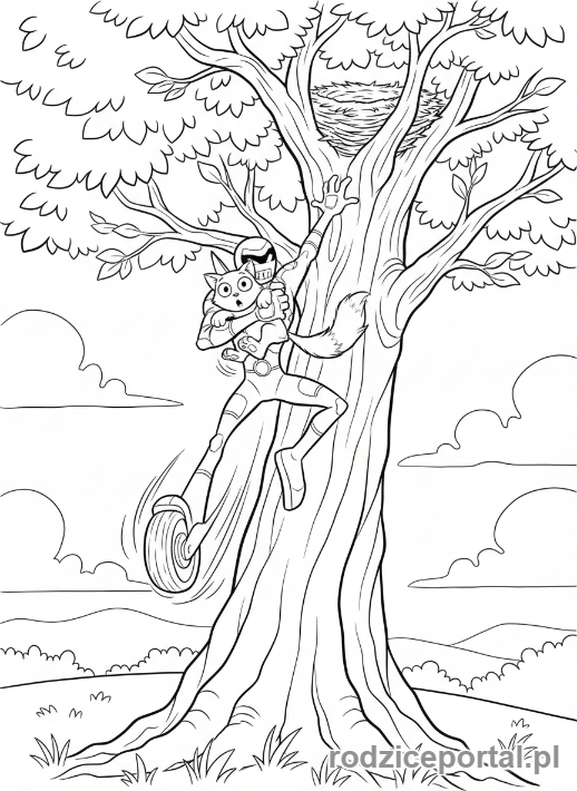 Kolorowanka Ben 10 - Ben jako XLR8, ratujący kota z drzewa.