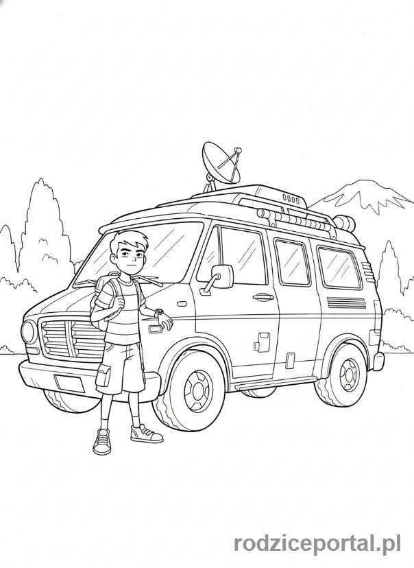 Kolorowanka Ben 10 - Ben (młody) stojący obok Rustbucket, z plecakiem.