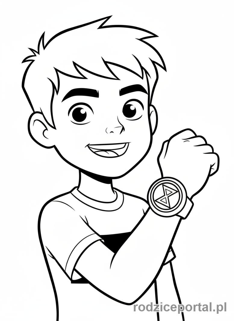 Kolorowanka Ben 10 - Ben (młody) z Omnitrixem, pokazujący go dumnie.