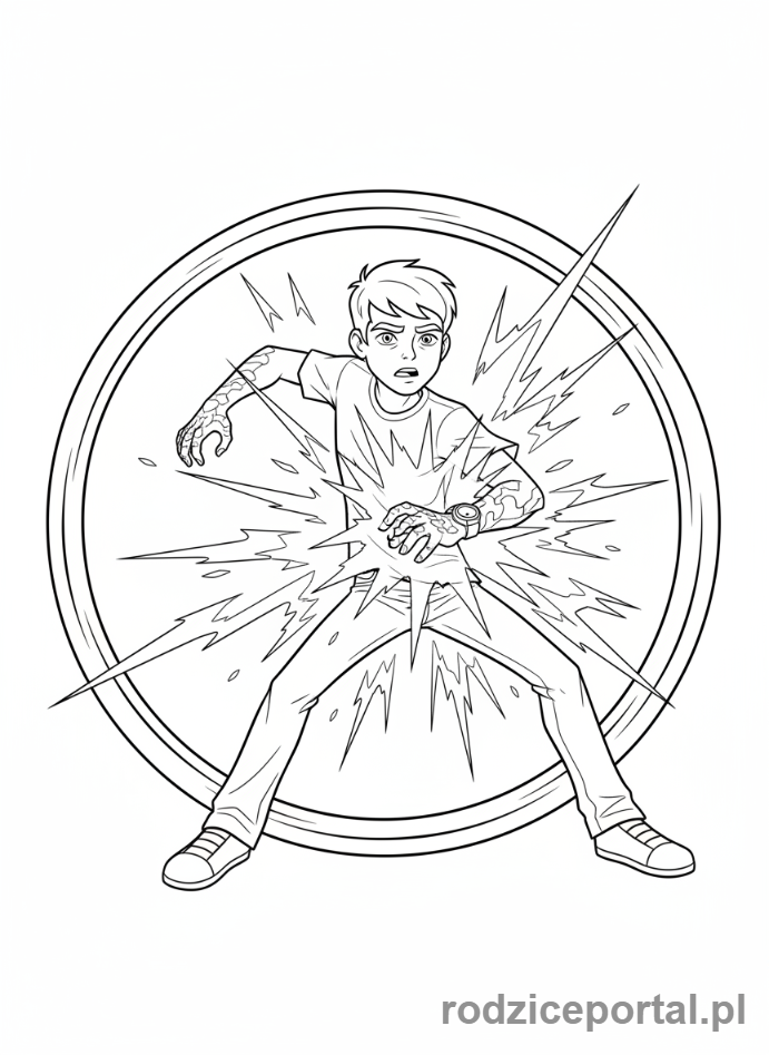 Kolorowanka Ben 10 - Ben (nastolatek) transformujący się, błysk energii.