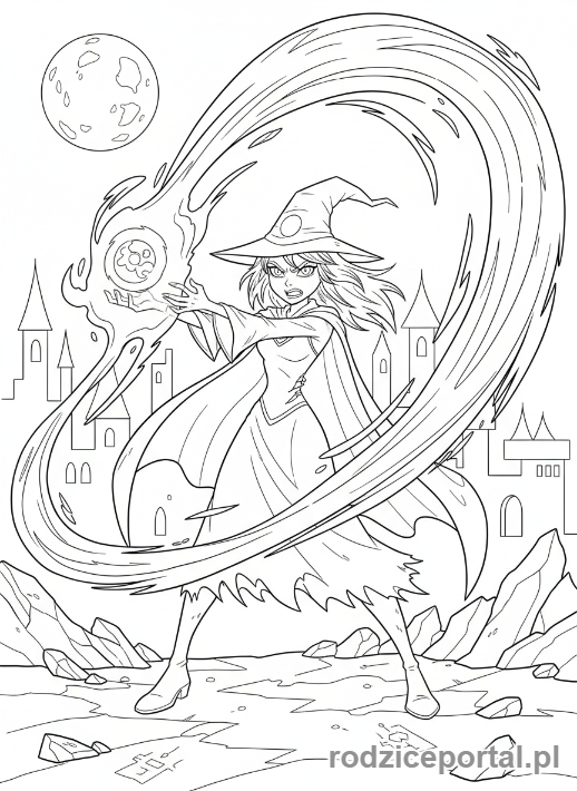 Kolorowanka Ben 10 - Charmcaster rzucająca potężne zaklęcie, z kamiennym talizmanem.