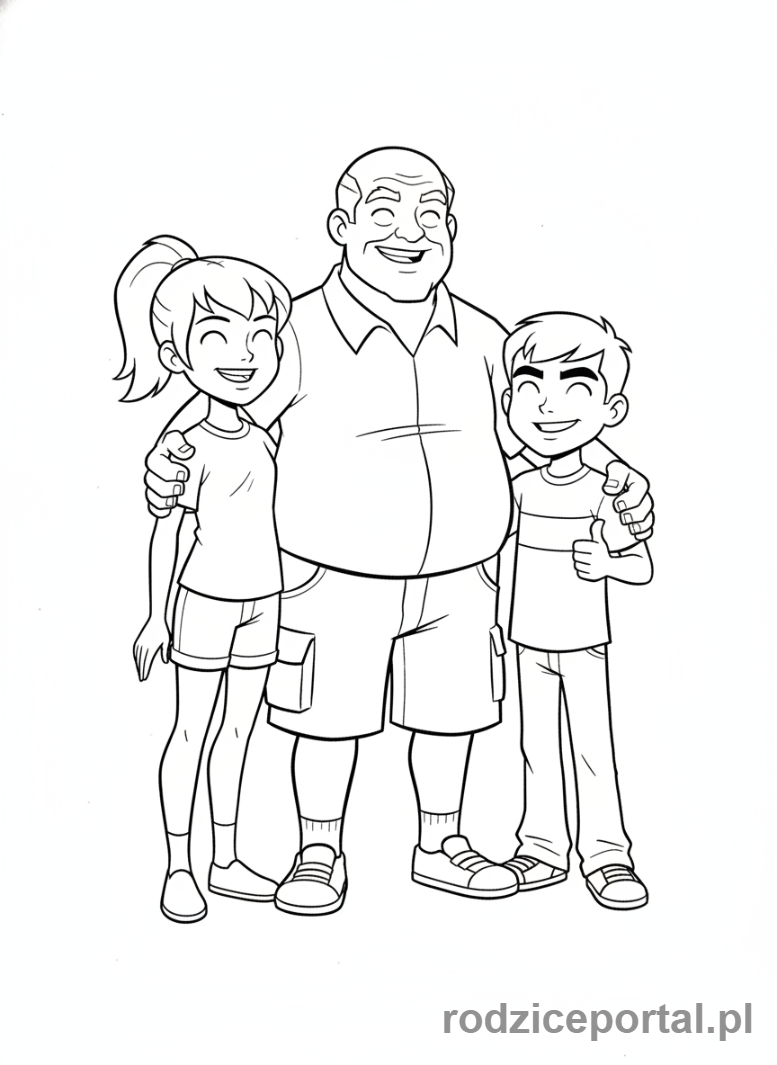 Kolorowanka Ben 10 - Dziadek Max, Gwen i Ben razem, uśmiechnięci.