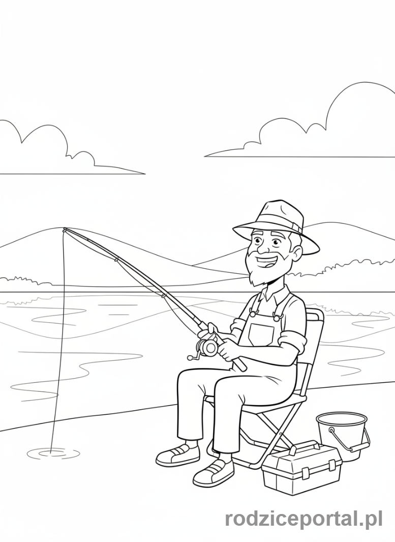 Kolorowanka Ben 10 - Dziadek Max uśmiechnięty, wędkarz, nad jeziorem.