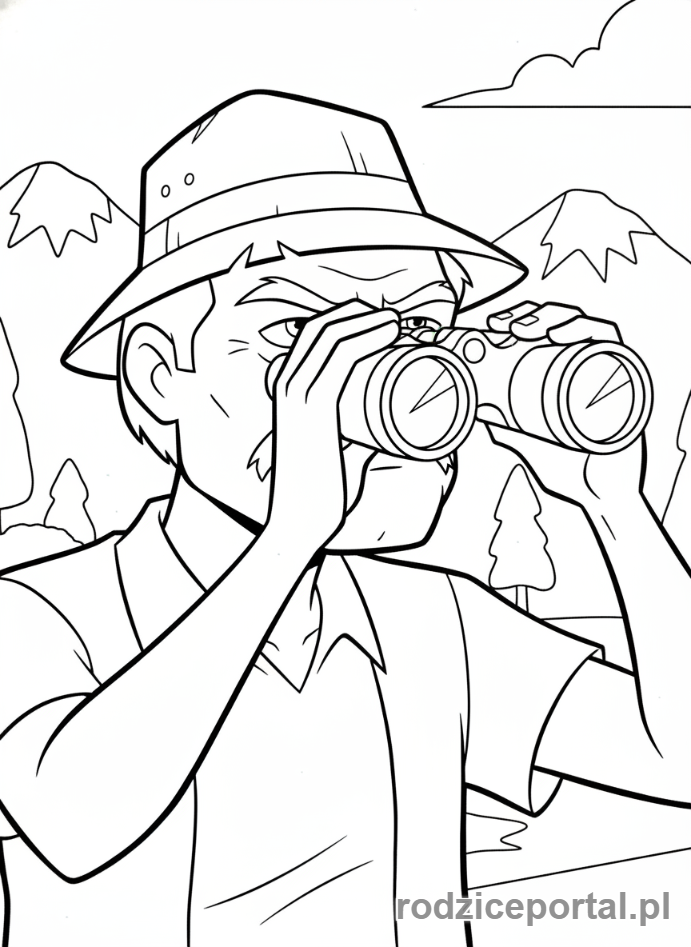Kolorowanka Ben 10 - Dziadek Max z lornetką, obserwujący coś w oddali.