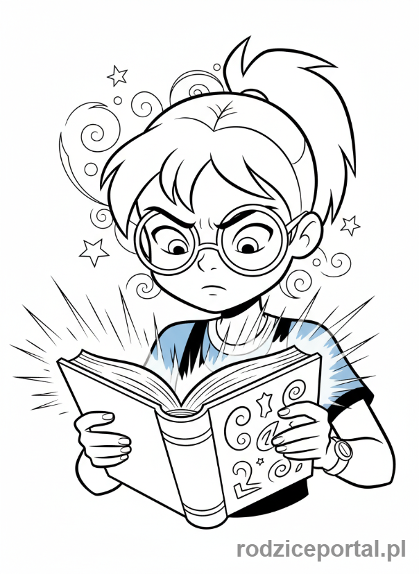 Kolorowanka Ben 10 - Gwen (młoda) czytająca księgę magii, skupiona.