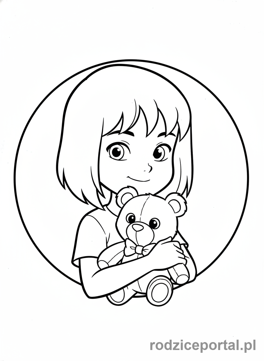 Kolorowanka Ben 10 - Gwen (młoda) trzymająca pluszowego misia, uśmiechnięta.