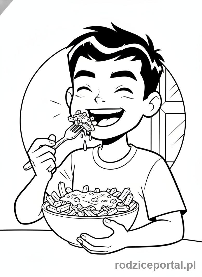Kolorowanka Ben 10 - Młody Ben Tennyson jedzący frytki z chili, zadowolony.