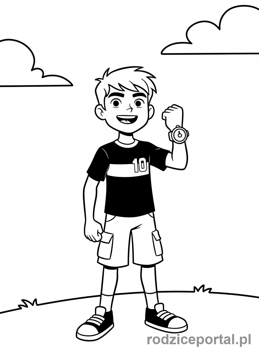 Kolorowanka Ben 10 - Młody Ben Tennyson uśmiechnięty z Omnitrixem na nadgarstku.