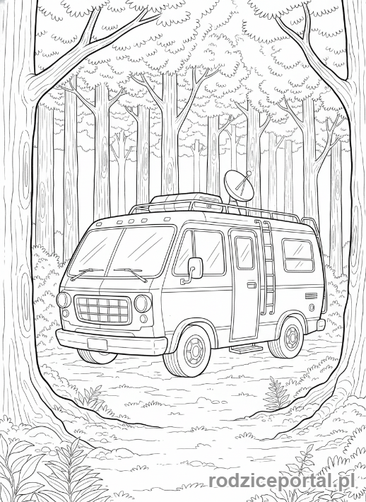 Kolorowanka Ben 10 - Rustbucket zaparkowany w lesie, gotowy na przygodę.
