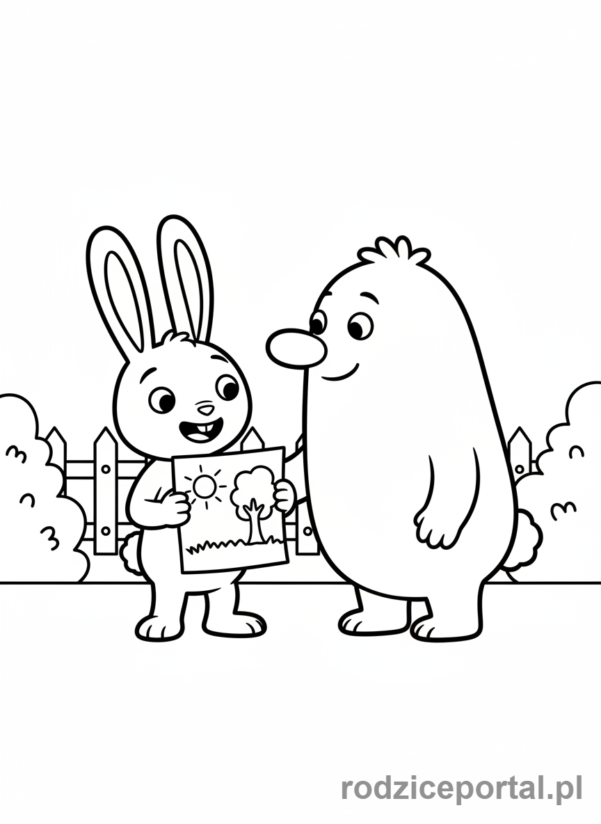 Kolorowanka Bing - Bing pokazuje swój rysunek Flopowi