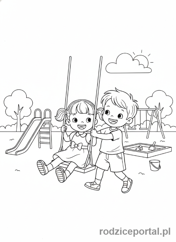 Kolorowanka Bing - Coco i Charlie na placu zabaw