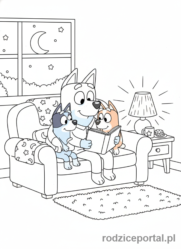 Kolorowanka Bluey - Bandit czytający bajkę