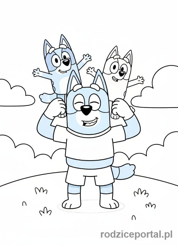 Kolorowanka Bluey - Bandit dumnie pokazuje Bluey i Bingo