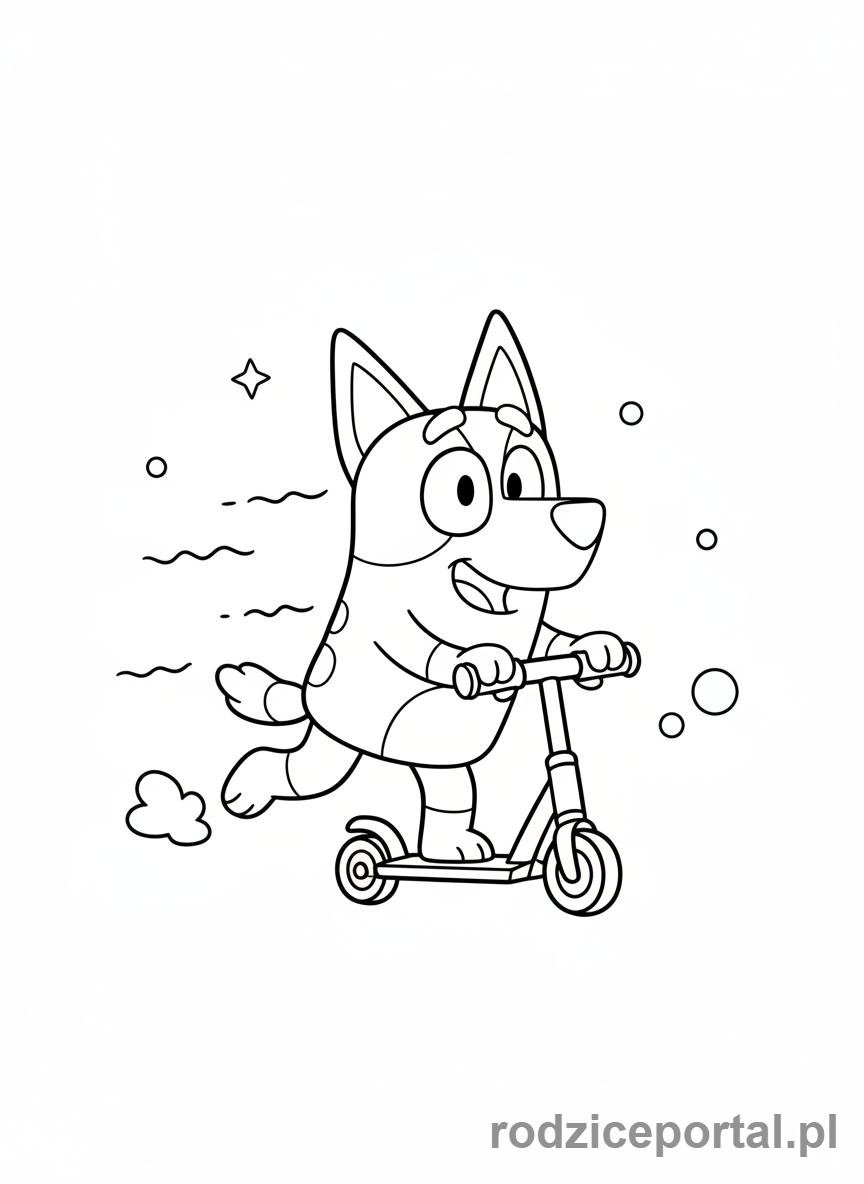 Kolorowanka Bluey - Bandit jeżdżący na hulajnodze