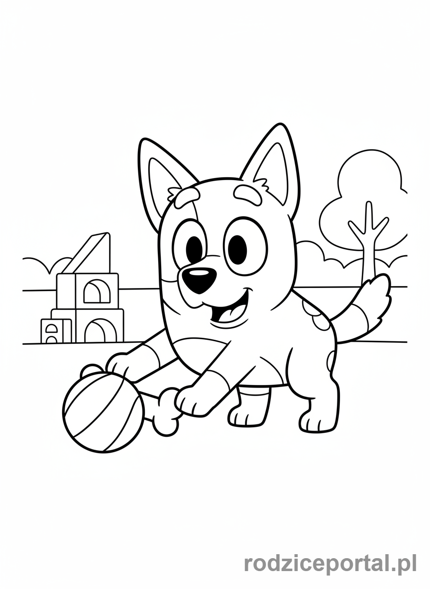 Kolorowanka Bluey - Bingo bawiąca się z uśmiechem.