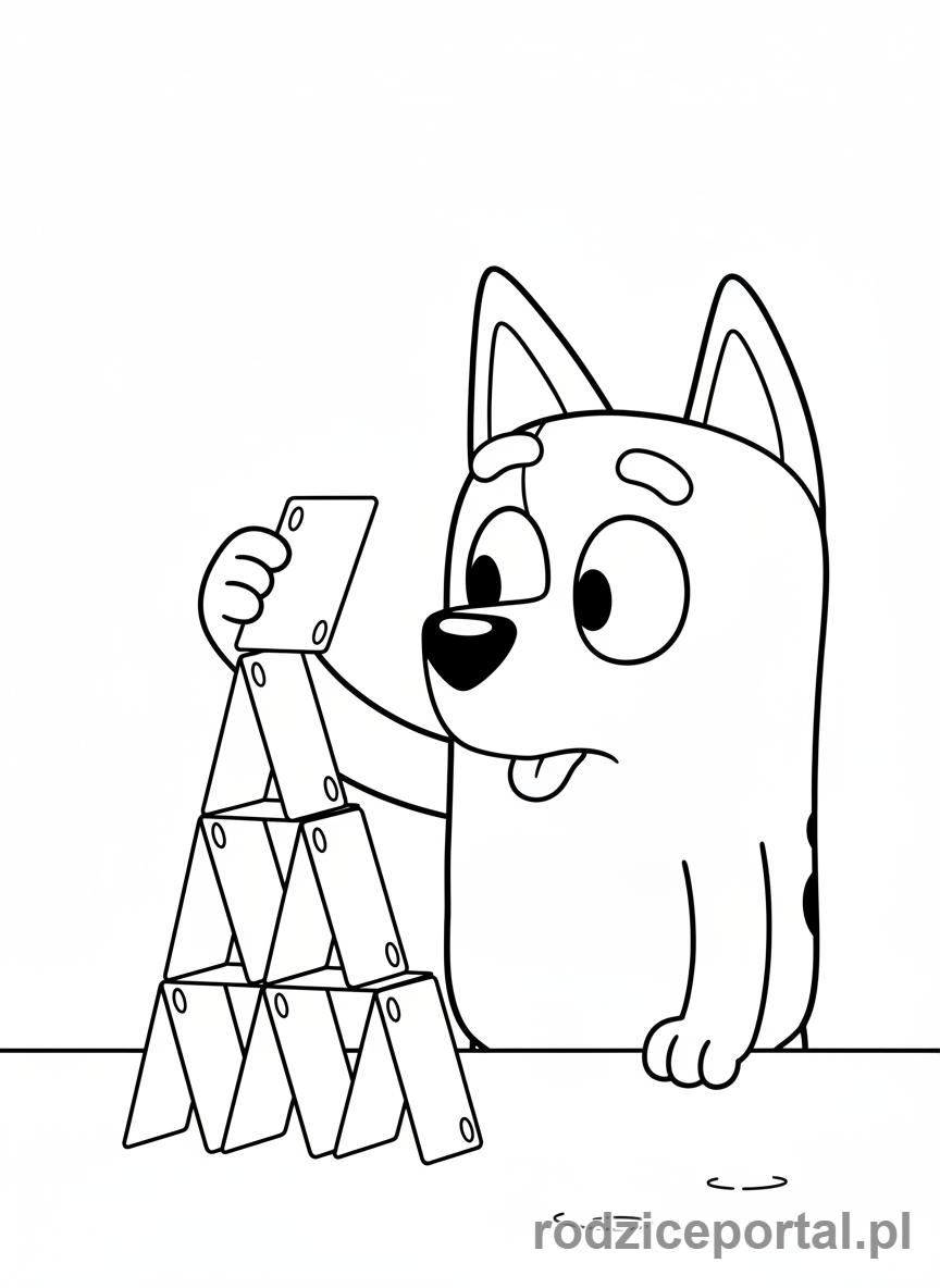 Kolorowanka Bluey - Bingo budująca domek z kart