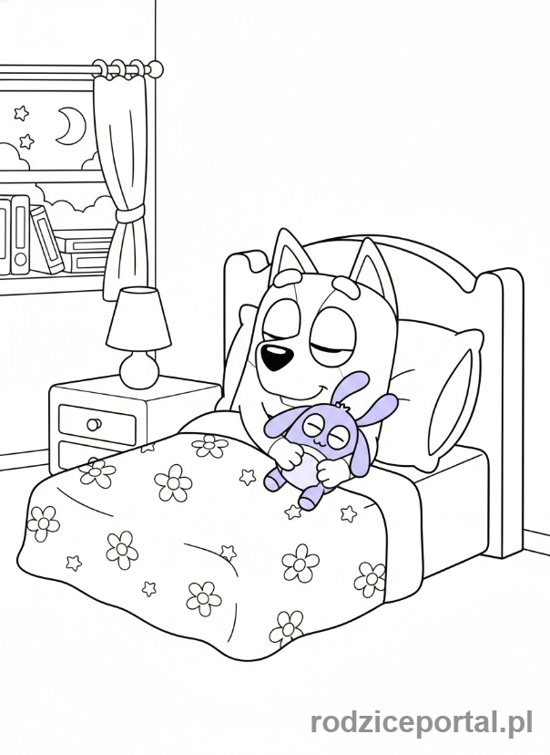 Kolorowanka Bluey - Bingo śpiąca z pluszakiem