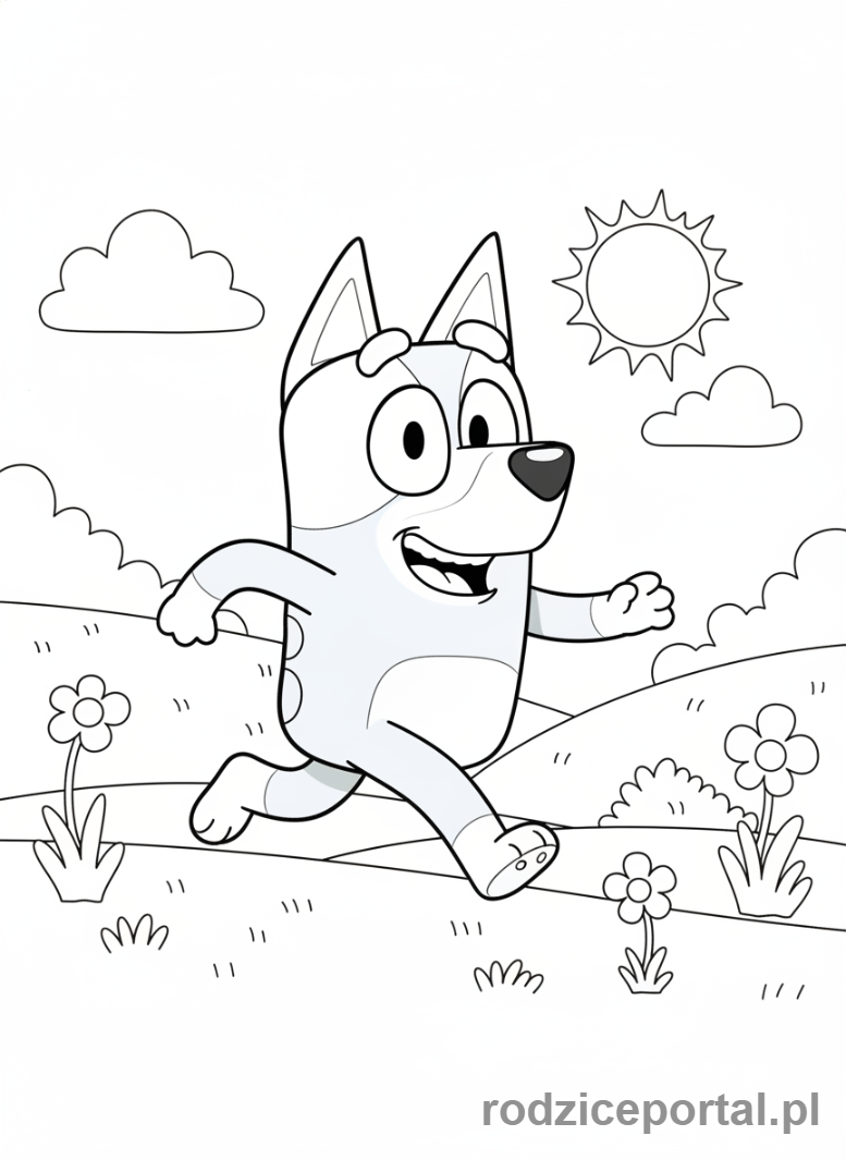 Kolorowanka Bluey - Bluey biegnąca na zewnątrz.