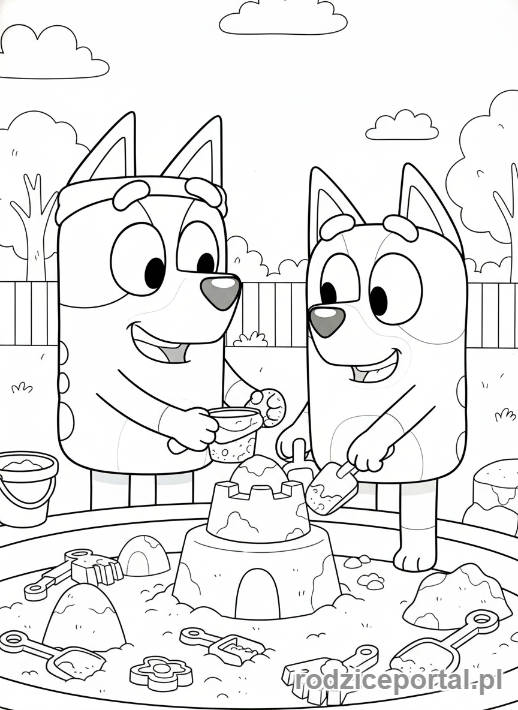 Kolorowanka Bluey - Bluey i Bingo bawiące się w piaskownicy