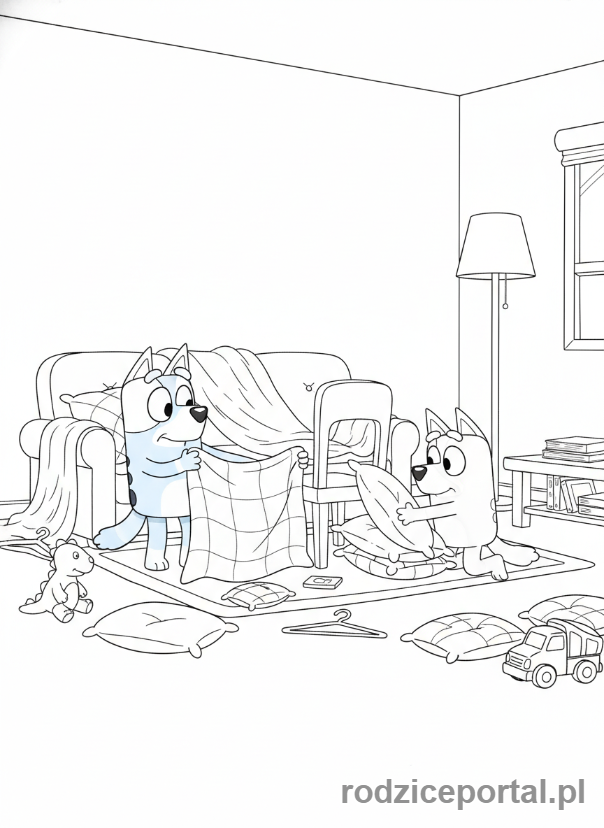 Kolorowanka Bluey - Bluey i Bingo budujące fortecę