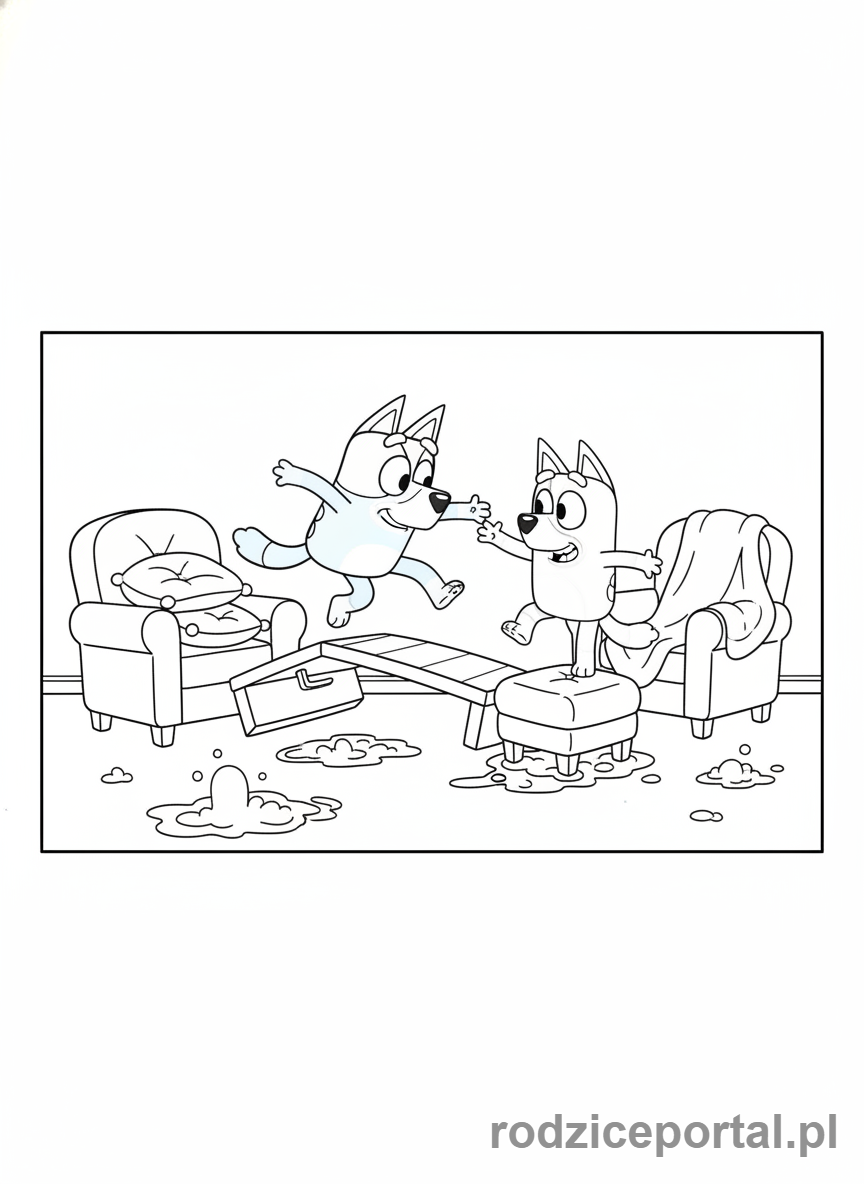 Kolorowanka Bluey - Bluey i Bingo grające w 'Podłoga to lawa'