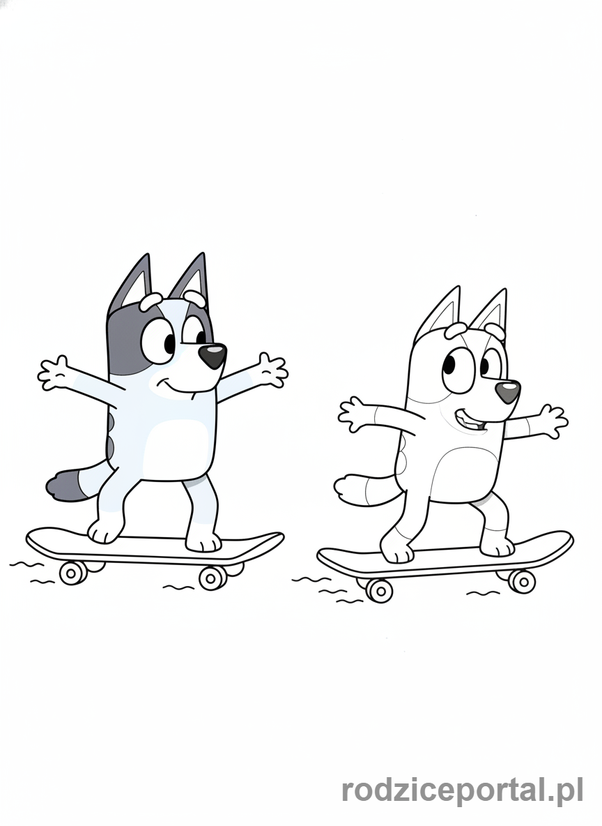 Kolorowanka Bluey - Bluey i Bingo jeżdżące na deskorolkach