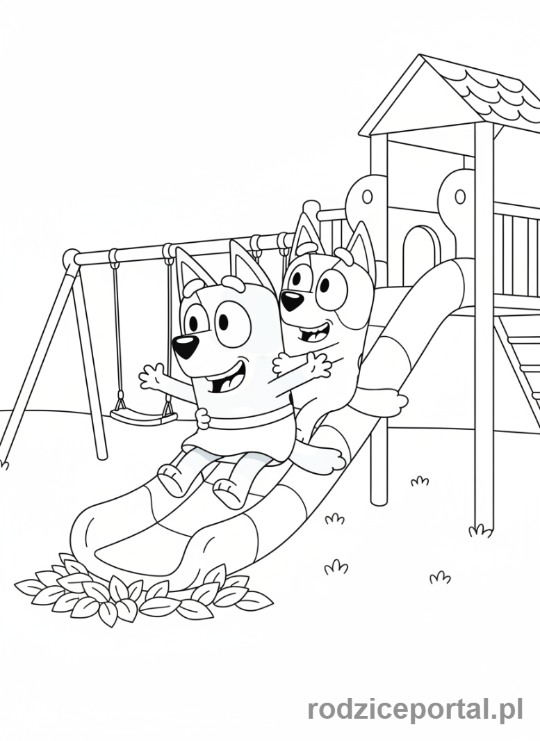Kolorowanka Bluey - Bluey i Bingo na placu zabaw