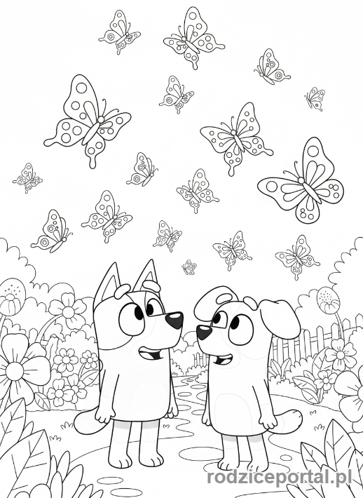 Kolorowanka Bluey - Bluey i Bingo oglądające motyle