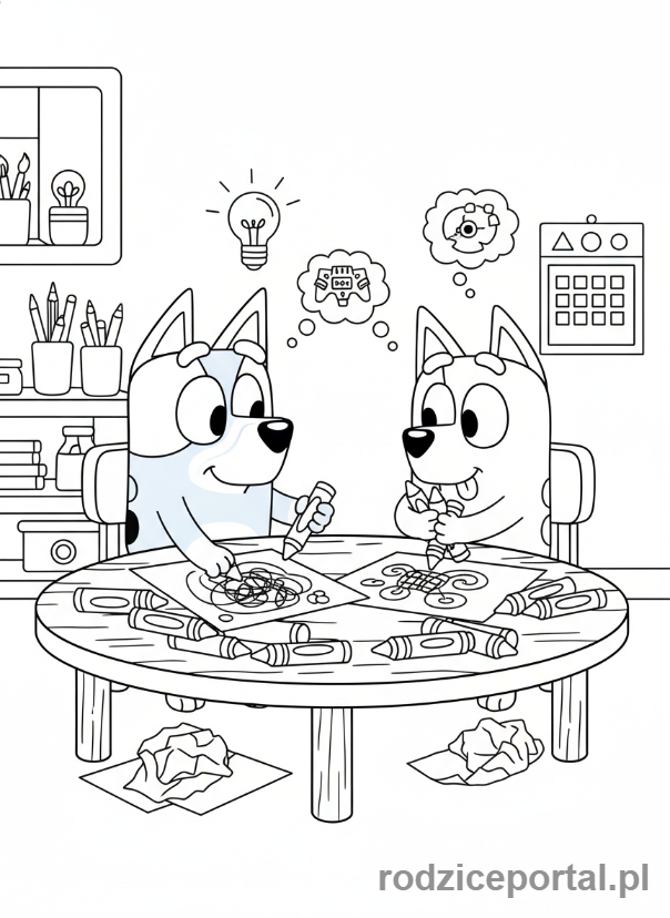 Kolorowanka Bluey - Bluey i Bingo rysujące kredkami