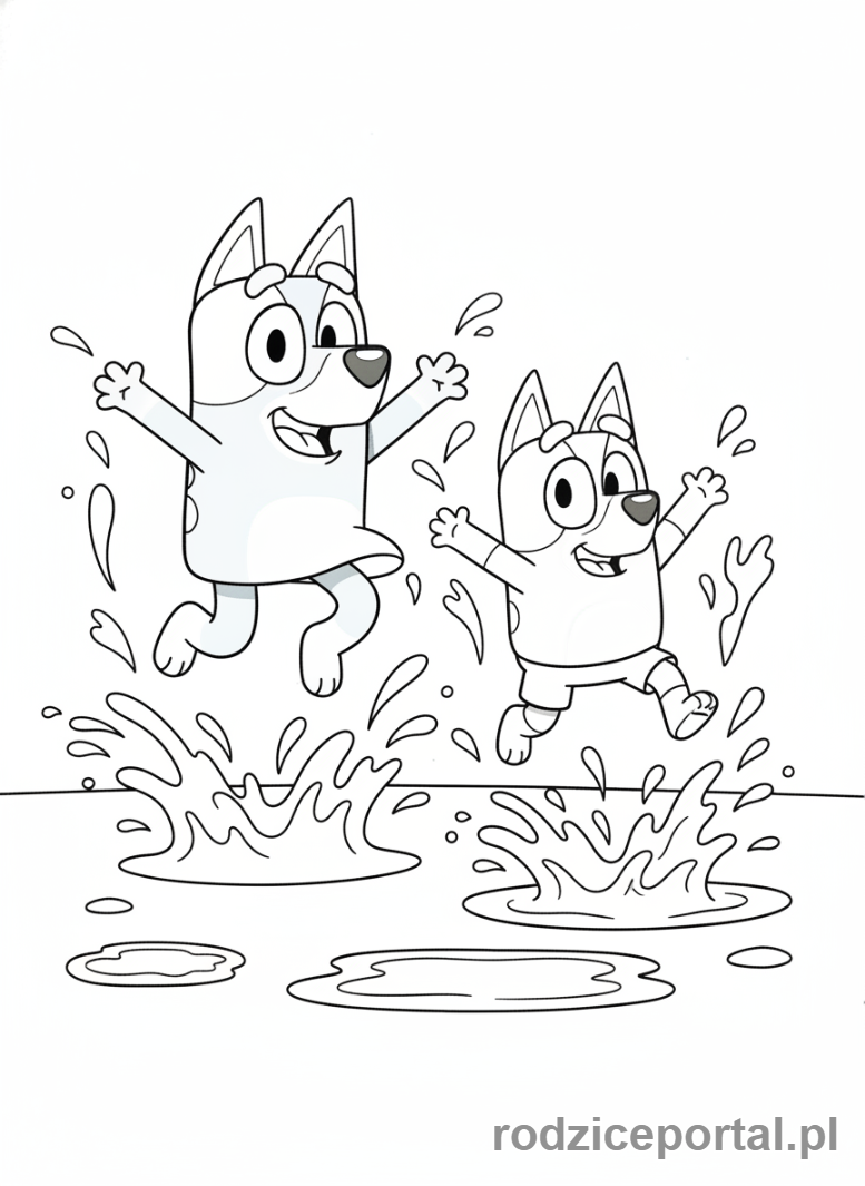 Kolorowanka Bluey - Bluey i Bingo skaczące w kałużach