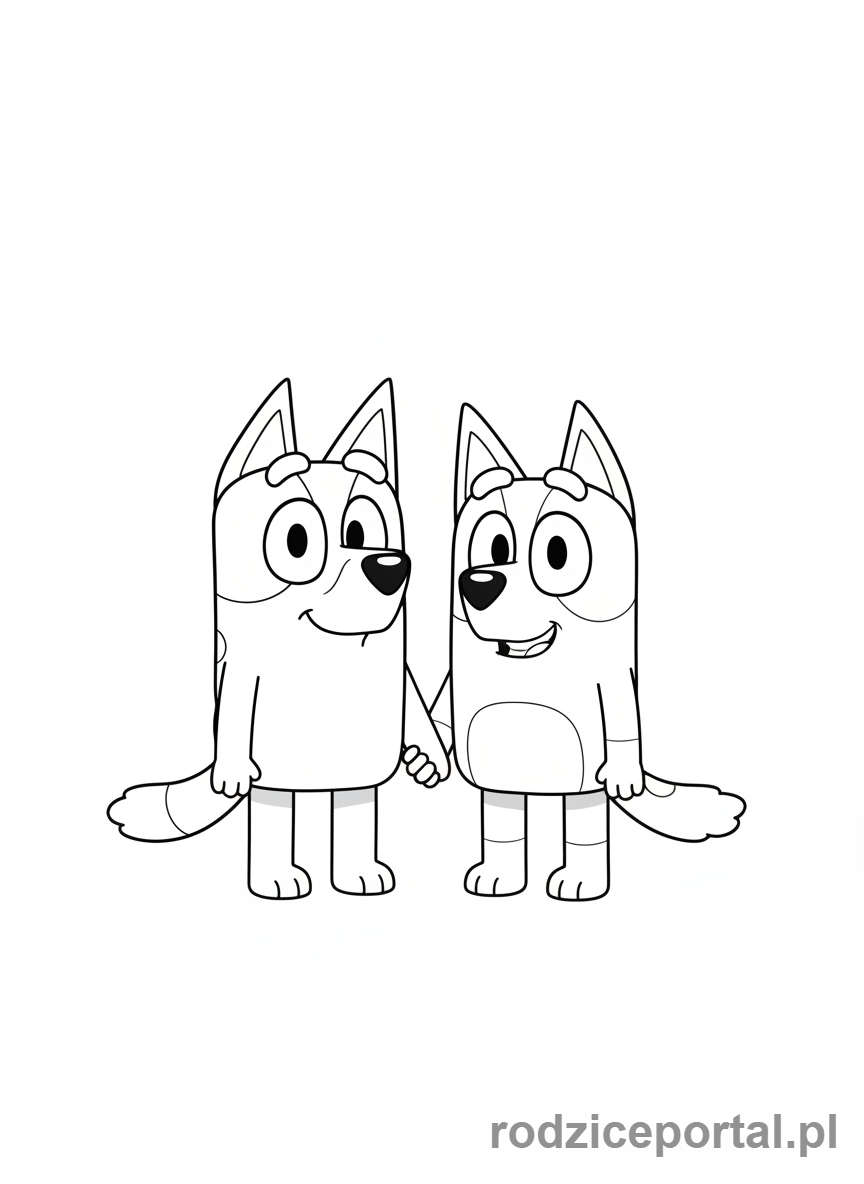 Kolorowanka Bluey - Bluey i Bingo trzymające się za łapy.