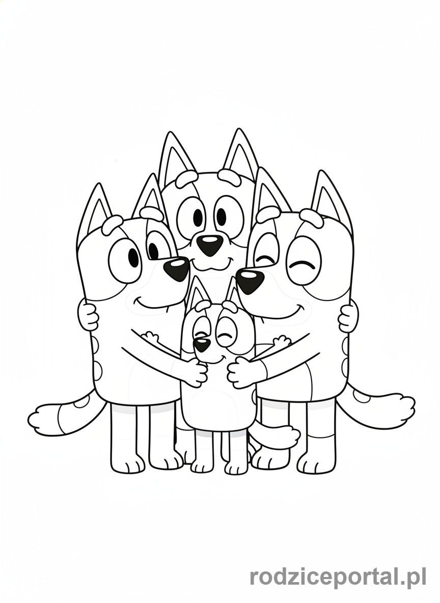 Kolorowanka Bluey - Cała rodzina Heelerów przytulająca się.