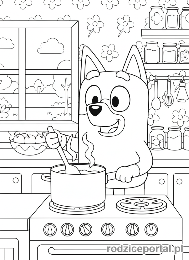 Kolorowanka Bluey - Chilli gotująca obiad