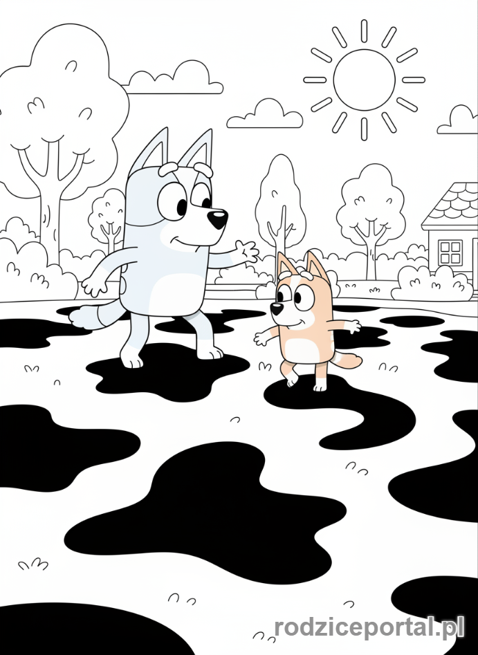 Kolorowanka Bluey - Chilli i Bingo grające w 'Shadowlands'