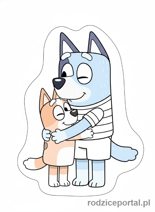 Kolorowanka Bluey - Chilli i Bingo przytulające się.