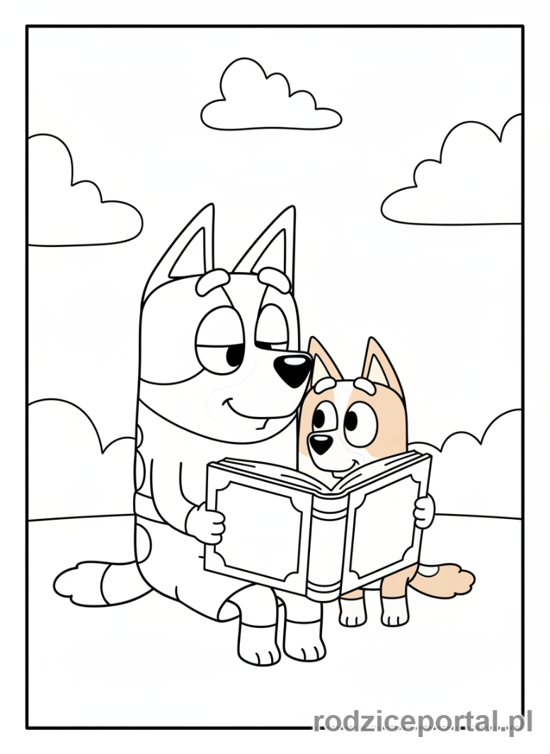 Kolorowanka Bluey - Chilli i Bingo siedzące razem.